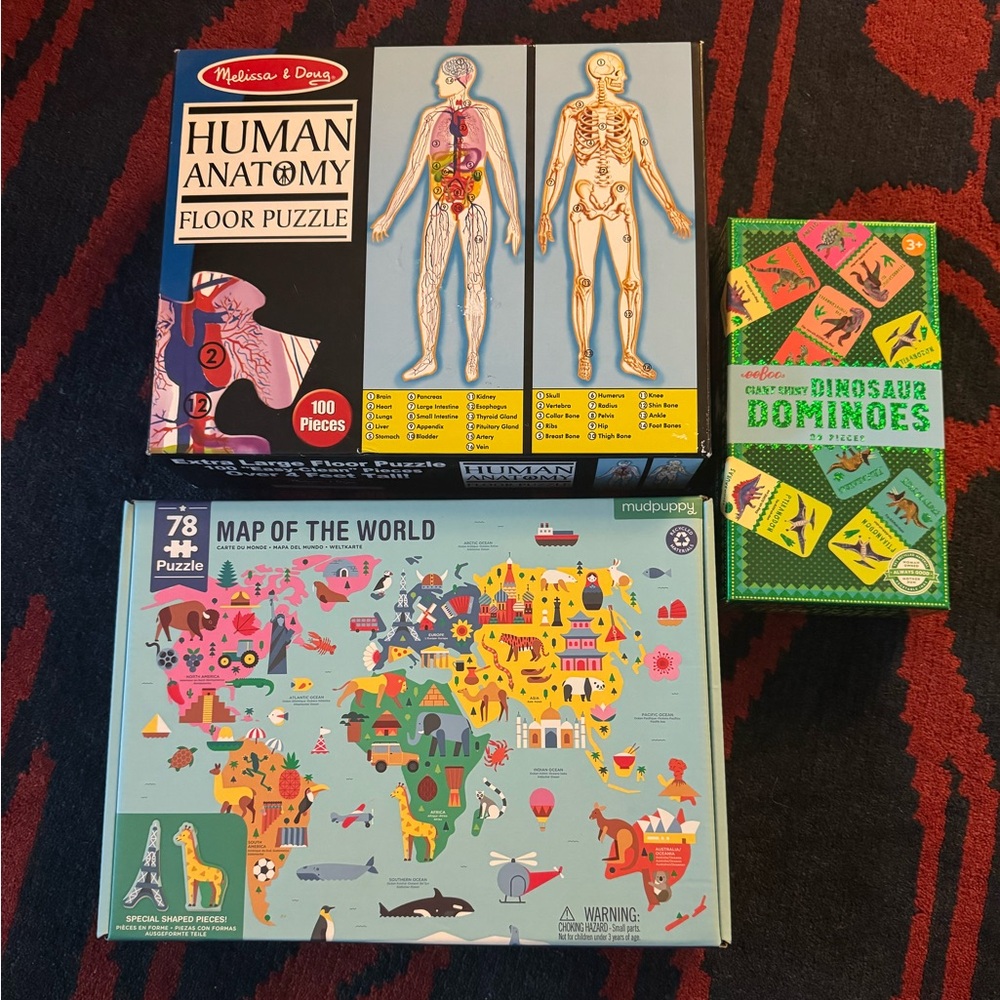 Melissa & Doug Anatomy Floor Puzzle, eeboo Dino Dominoes, mudpuppy World Puzzle